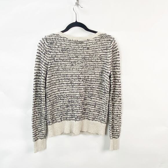 LOFT Medium Womens Black Ivory Cream Striped Speckle Fringe Pullover Knit Top - Picture 6 of 7
